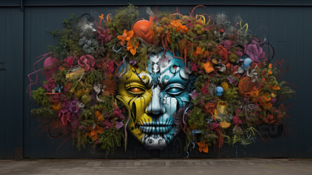 Graffiti on the wall of a building with a lot of flowersの素材