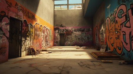 Abandoned industrial building interior with graffiti on walls. 3d renderingの素材