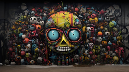 Graffiti on the wall with a skull. 3D illustration.の素材