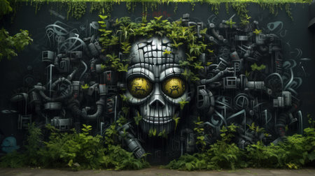 Graffiti on the wall of an abandoned building. 3d renderingの素材