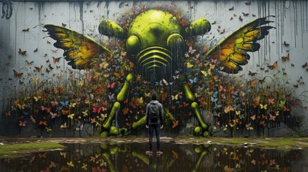 A man with a big green monster in front of a wall full of butterfliesの素材
