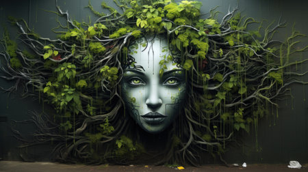 3D rendering of a woman's face covered with ivy.の素材