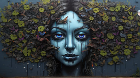 3D Illustration of a Fantasy Female Face Surrounded by Flowersの素材