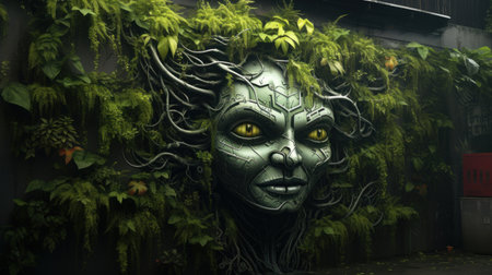 3d illustration of a monster mask in a garden with plants.の素材