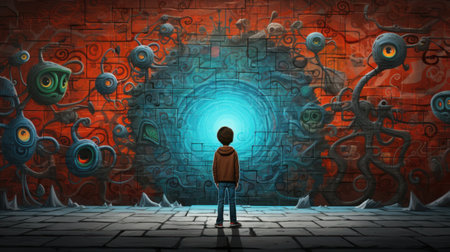 Young man standing in front of a wall full of strange alien imagesの素材