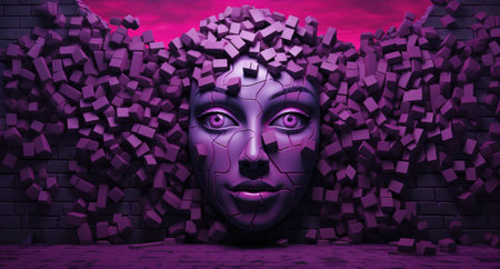 3d rendering of a female face surrounded by cubes in neon lightの素材