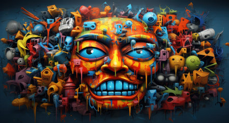 3d rendering of a colorful monster face with different emotions on a dark backgroundの素材
