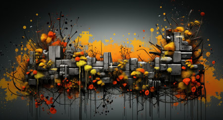 Digital illustration of a industrial building in colour background with orange blotsの素材