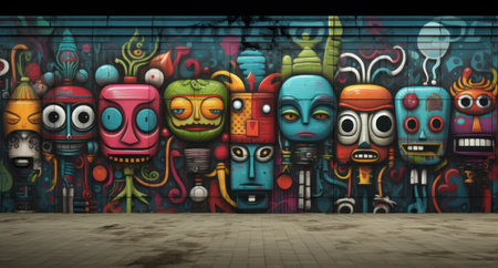 Graffiti art on the wall. Urban background. 3d renderingの素材