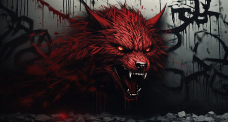 Fantasy illustration of a demon head with blood on its face.の素材