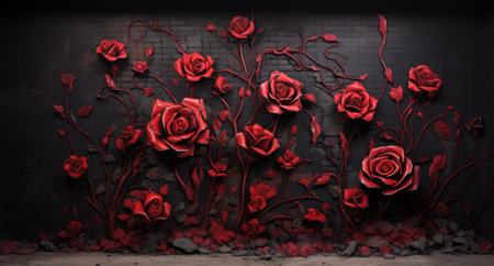 Red roses on a black brick wall background. 3D rendering.の素材