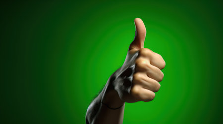 Human hand with thumb up on a green background. The concept of success.の素材