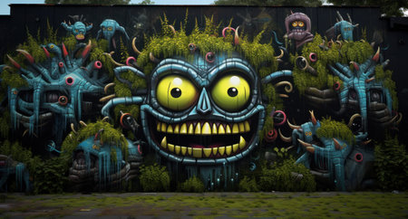 Graffiti on the wall of a building with scary monsters and plantsの素材