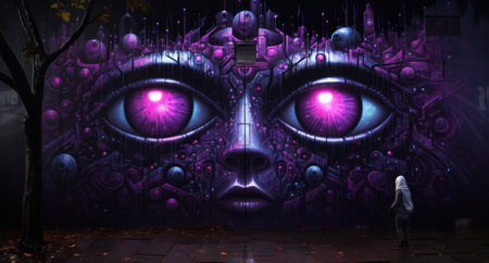 Conceptual image of a woman standing in front of a wall full of fantasy monsters with purple eyesの素材