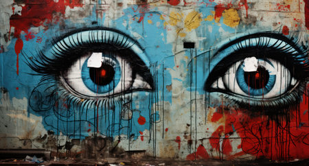 Graffiti on the wall of a building with two female eyes.の素材