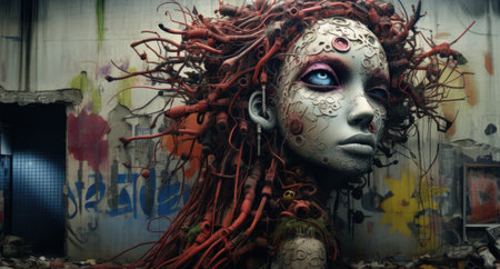 Portrait of a girl with red hair in an abandoned building.の素材