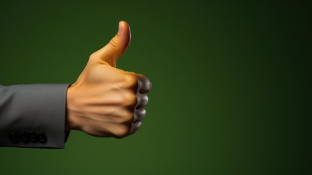 Businessman hand showing thumbs up gesture on green background. Success conceptの素材