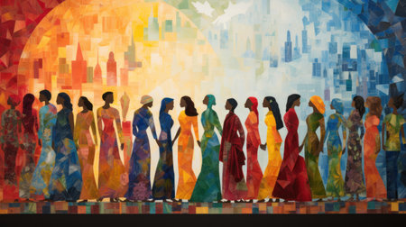 Silhouette of a group of women in traditional clothes in the cityの素材