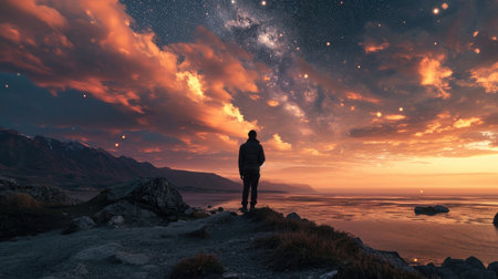 Man looking at the milky way over the sea at sunset.の素材