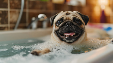 Cute pug dog taking a bath in the bathtub.の素材