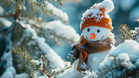 Snowman in orange hat and scarf standing on snow covered fir treeの素材