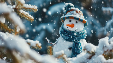 Snowman in hat and scarf on snowy fir tree branch background.の素材