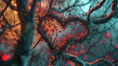 Heart shaped tree branches with red berries in the forest at night.の素材