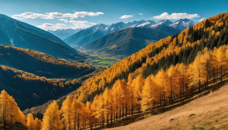 Panoramic view of the autumn alpine landscape with yellow larch trees on the foreground.の素材