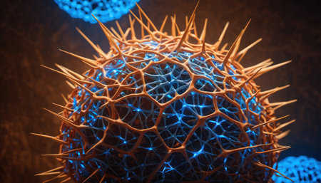 3d rendering of a virus in front of a dark background.の素材