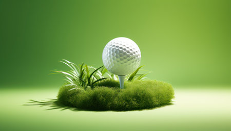 Golf ball on grass with green background. 3d illustration.の素材