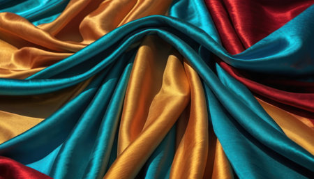Texture, background, pattern. Silk fabric is red, blue, yellow, green. It has a beautiful smooth satin weave.の素材