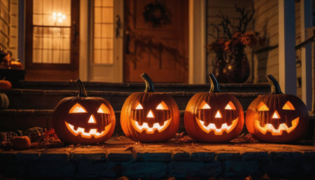 Halloween pumpkins in front of a house at night, Halloween conceptの素材