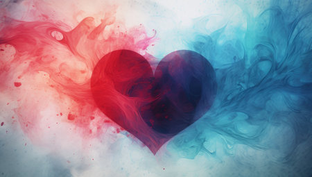 Red and blue heart shaped cloud of ink in water, abstract backgroundの素材