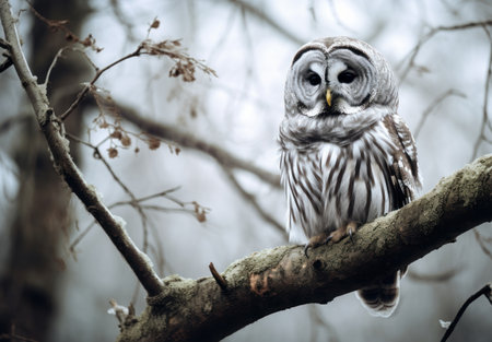 Barred Owl (Strix nebulosa) sitting on a branchの素材