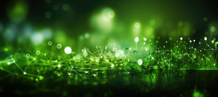 3D rendering of green grass with particles and bokeh lightsの素材