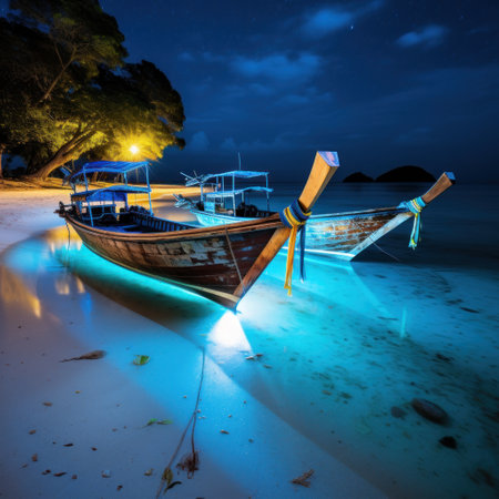 Fishing boat on the beach at night, Koh Lipe, Thailandの素材