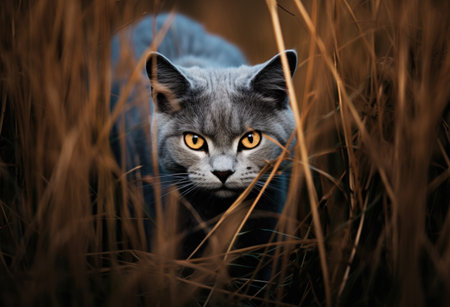 Portrait of a gray cat with yellow eyes in the grass.の素材