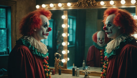 Portrait of a red haired clown in front of a mirrorの素材