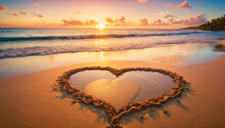 Heart shape on the beach at sunset, valentines day conceptの素材