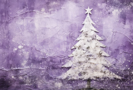 Christmas greeting card with christmas tree on purple grunge background.の素材