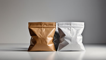 Two white and brown paper bags on a gray background. 3d renderingの素材