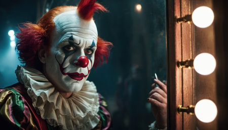 Close-up portrait of a clown looking at her reflection in a mirrorの素材