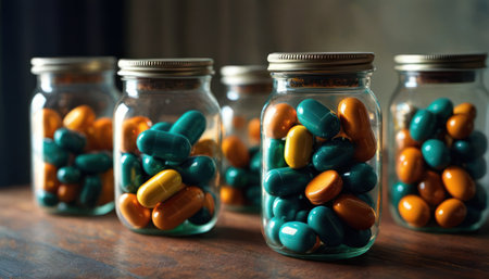 Colorful candies in glass jars on a wooden table, selective focusの素材
