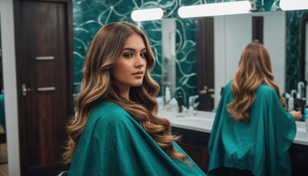 beautiful young woman looking at mirror in hairdresser salonの素材