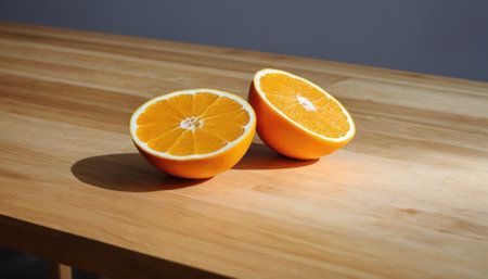 Slices of orange on a wooden table. Selective focus.の素材