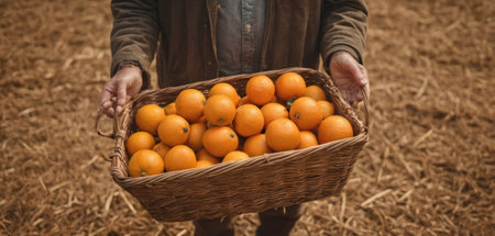 Farmer holding a basket full of tangerines on a fieldの素材
