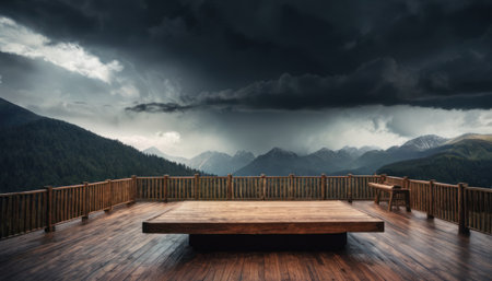 Wooden deck with view of the mountains and clouds in the backgroundの素材
