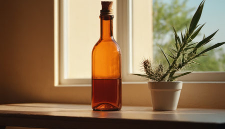 Bottle of wine on the windowsill with a cactus in a potの素材