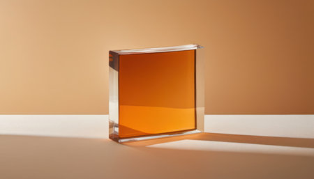 Empty glass cube on a white table with a shadow on the wallの素材
