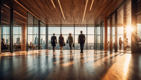 Silhouettes of business people in a modern office with wooden wallsの素材